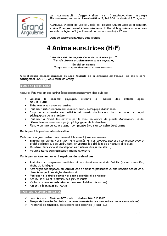 Offre n°90- 4 animateurs Alvéole