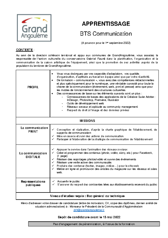 Annonce Apprenti(e) Conservatoire Gabriel FAURE Annonce Apprenti(e) Conservatoire Gabriel FAURE
