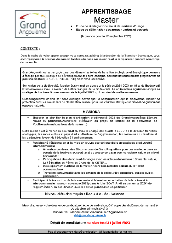 Offre Apprentissage n°6 – 1 Master Biodiversité (F/H) Offre Apprentissage n°6 – 1 Master Biodiversité (F/H)