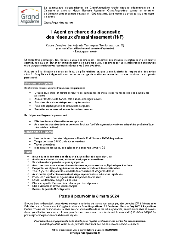Offre n° 3 – 1 Agent en charge du diagnostic des réseaux d’assainissement (H/F)