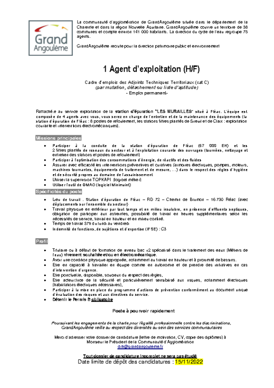 Offre n°34 – Agent d’exploitation Offre n°34 – Agent d’exploitation